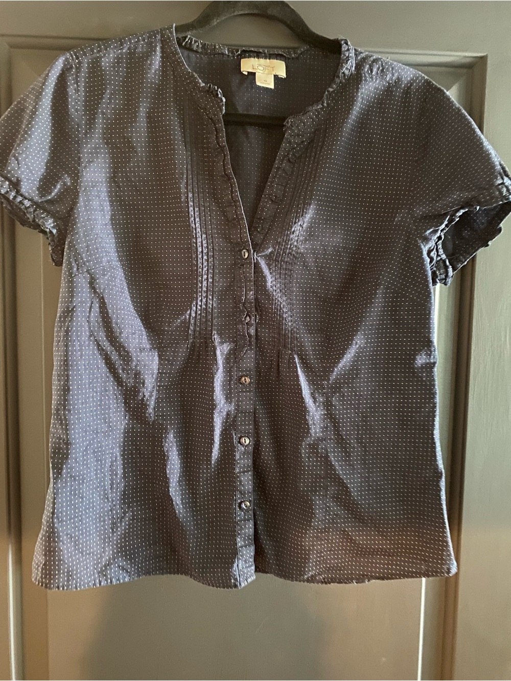 LOFT Navy Dot Button-Front Short Sleeve Top